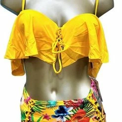 Uitgang 🎁 Merkloos Dames Ruffle-Ruches 👙 Bikini Set -push Up | Blomen-print - High Waist / Hoge Taille Broekje_GEEL_38 ✨