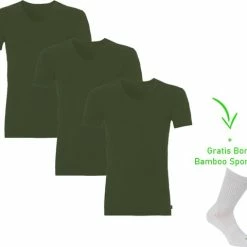 Beste deal 🤩 Boru Bamboo Bamboo T-Shirt - V Hals - Super Zacht - Antibacterieel - Perfect Draagcomfort - 95% Bamboo - 3 Stuks - 1 Paar Bamboo Sokken Cadeau - Khaki - XXXL 🔔